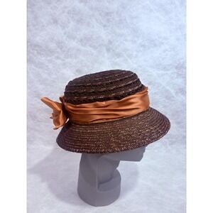 Vintage OltreModa Italian Straw Cloche Hat Brown Satin Bow Made in Italy Retro